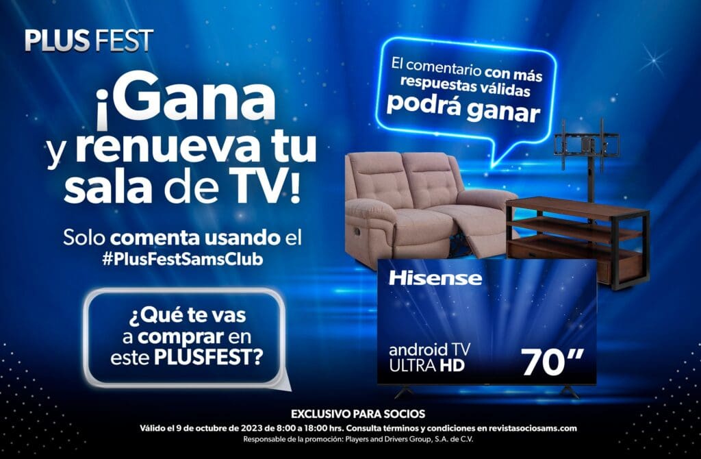 Concurso Sam's Club Plus Fest Gana pantalla de 70" + love seat + stand para TV Ganapromo